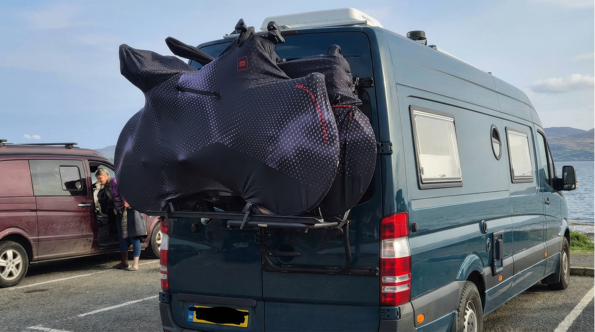 After: bike on the same rack in a tailored Velosock cover